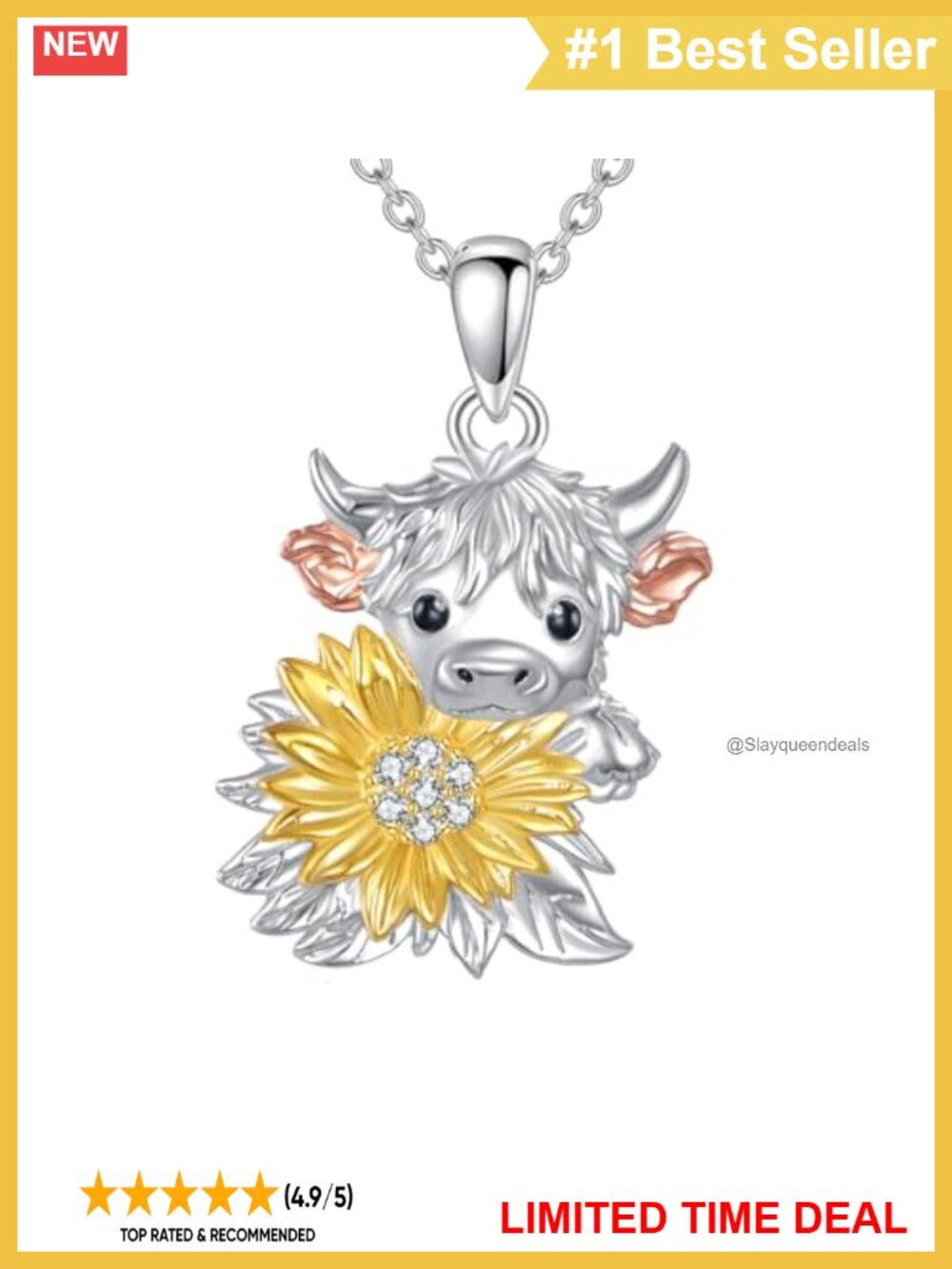 925 Sterling Silver Lab Grown Diamond Cow Sunflower Pendant Necklace 18+2 Inch
